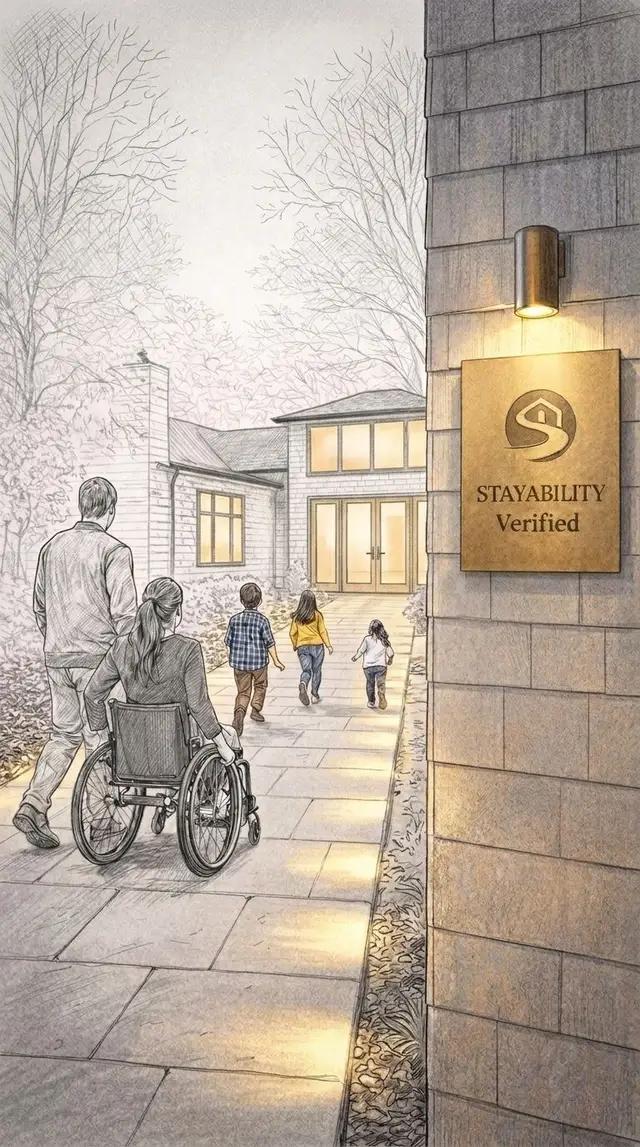 A family including a woman in a wheelchair approaching a beautifully lit home with a Stayability Verified plaque